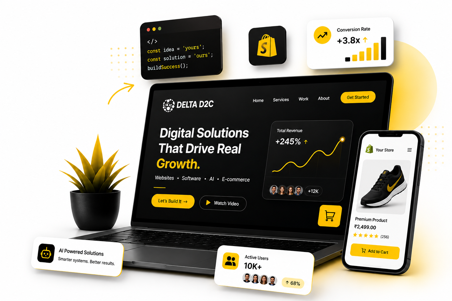 Delta D2C — websites, Shopify stores, and software shown on laptop and phone